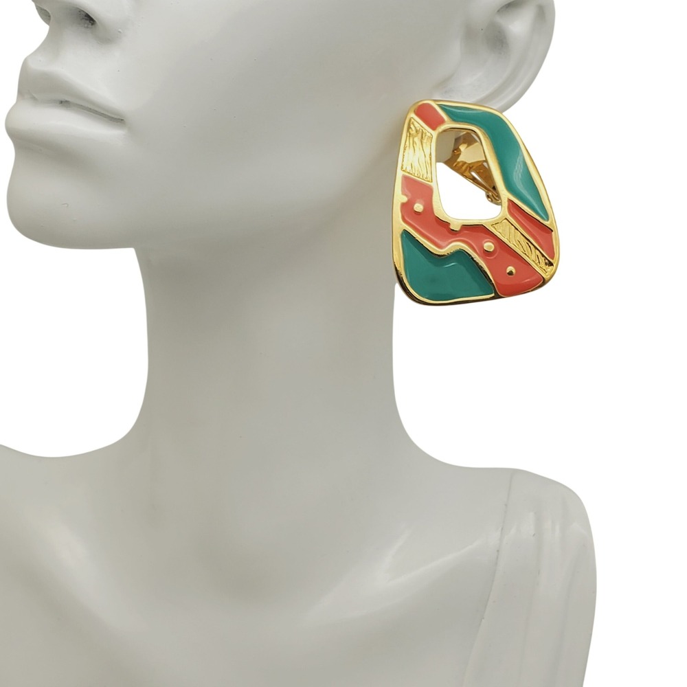 Avon Clip On Earrings Teal Coral Enamel Gold Tone‎ Geometric Vtg 1990s Geometric